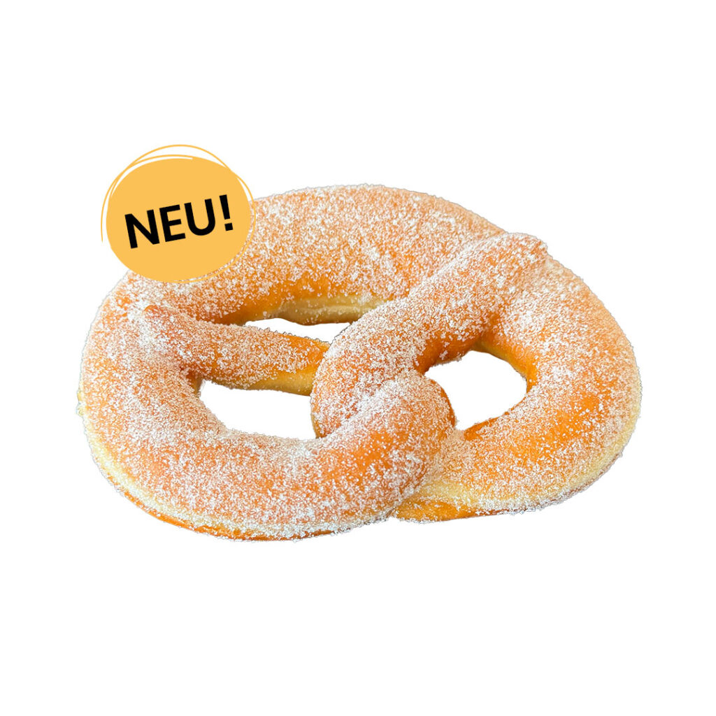 Eine frische, mit Zucker bestreute Berliner Brezel, die als neu gekennzeichnet ist.